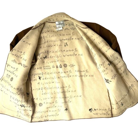Chico’s Wool Blend Button Jacket Hieroglyphic Print Lining Brown Size 1 (M) - Picture 3 of 12